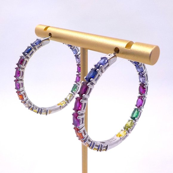 Source Unknown Jewelry - Created Gemstones Rainbow Channel Set Sterling Silver 1.5" Hoops Earrings